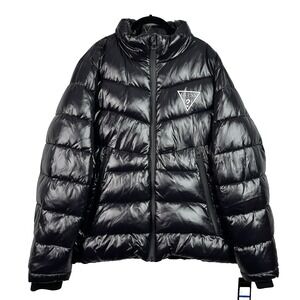 GUESS Mens Black Shiny Puffer Jacket XL Quilted Full Zip Winter Outdoor NWT $225